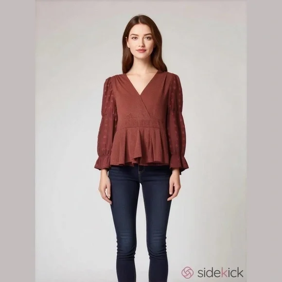 Anthropologie Ember Maroon Long Sleeve Textured Peplum Blouse Small - Picture 10 of 12